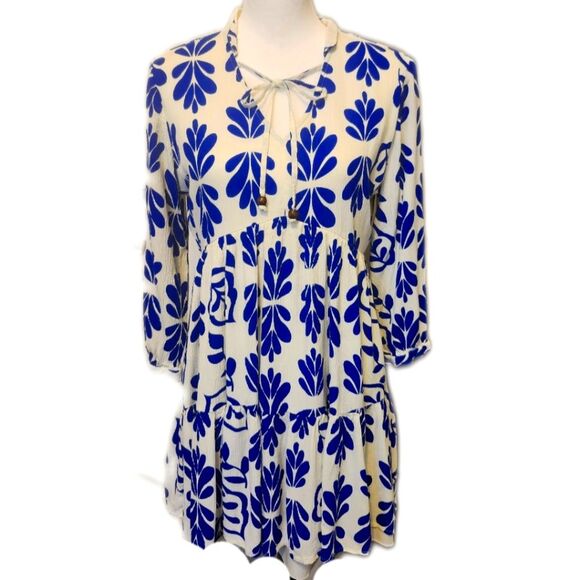 Japna Boho Bohemian Empire Waist V-Neck White & Blue Mini Dress, S - Picture 1 of 7